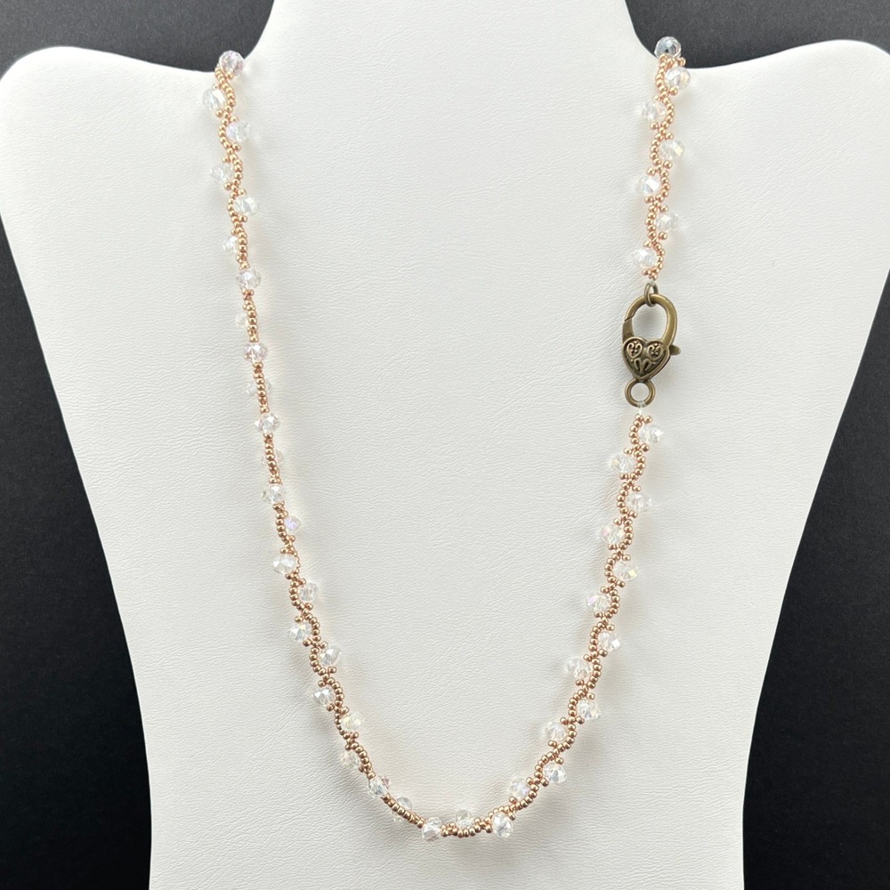Beaded Necklace Gold Tone Clear AB Iridescent Beads Heart Clasp 24"